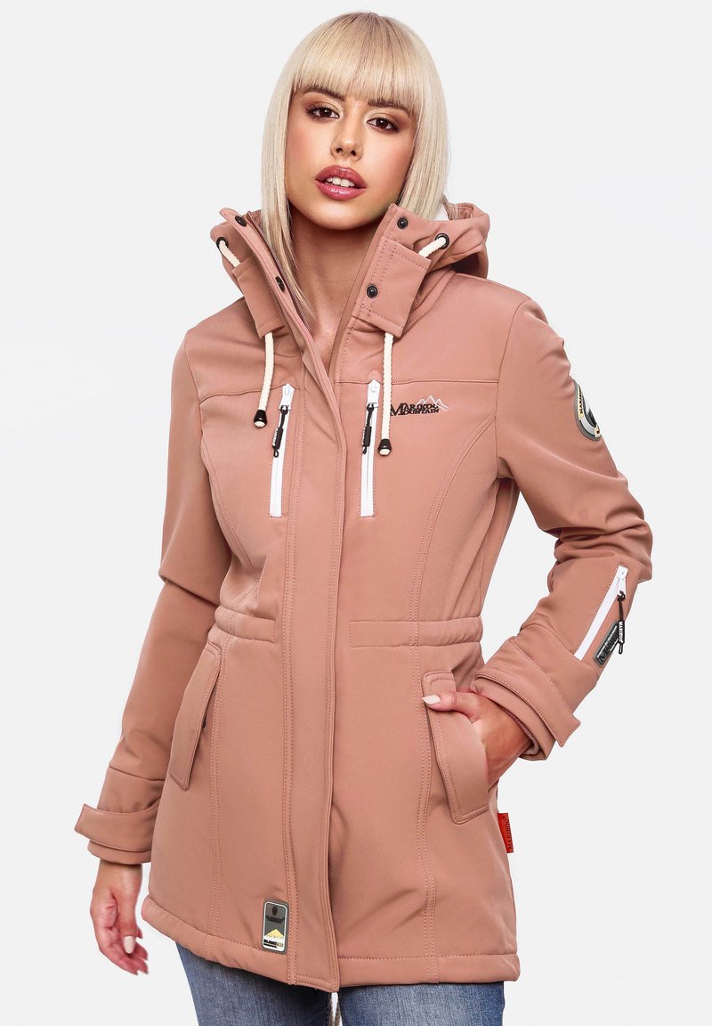Light pink waterproof jacket with a hood, featuring zippered pockets, drawstrings, and a logo on the shoulder. Smooth texture and tailored fit.