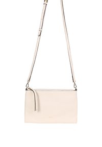 Kleine beige Umhängetasche aus Leder mit verstellbarem Riemen, Reißverschluss und dezentem Logo auf der Vorderseite.