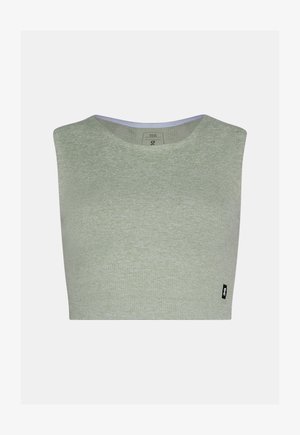 Svetlozelený bezrukávový pletený krátky top s okrúhlym výstrihom a malou čiernou značkovou štítkou pri spodnom okraji.