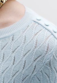 Hellblauer gestrickter Pullover mit einem strukturierten Blättermuster, versehen mit einem gerippten Rundhalsausschnitt und kleinen runden Knöpfen an der Schulter.