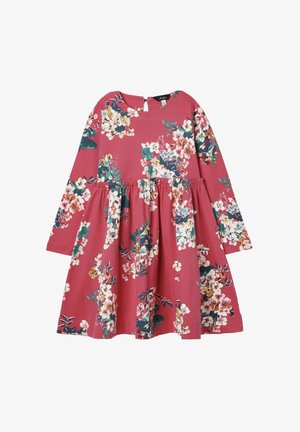 Pigekjole med lange ærmer og rynket talje i støvet rosa blomsterprint med hvide, grønne og marineblå blomster.