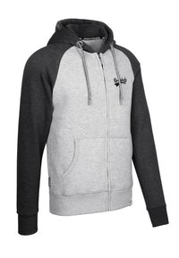 Zip-Hoodie mit grauem Körper und schwarzen Ärmeln. Besitzt eine Kapuze mit Kordelzug, Fronttaschen und ein Logo auf der Brust.