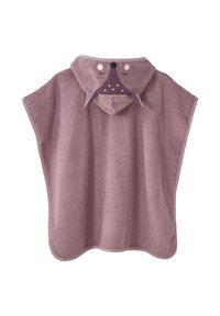 Purple kids’ hooded towel poncho with animal face and ears on the hood, made of soft terry fabric.