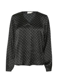 Zwarte satijnen blouse met een V-hals en lange mouwen. Voorzien van witte stippen, een subtiele glans en een comfortabele pasvorm.