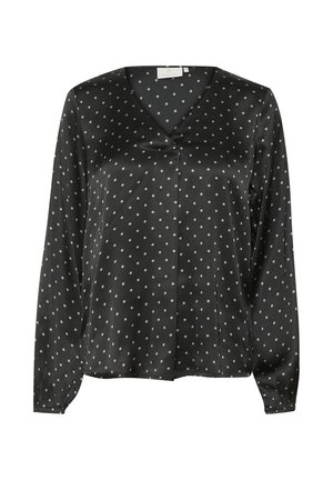 Zwarte satijnen blouse met een V-hals en lange mouwen. Voorzien van witte stippen, een subtiele glans en een comfortabele pasvorm.