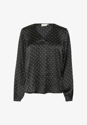 Black satin blouse with a V-neck and long sleeves. Features white polka dots, subtle sheen, and a relaxed fit.
