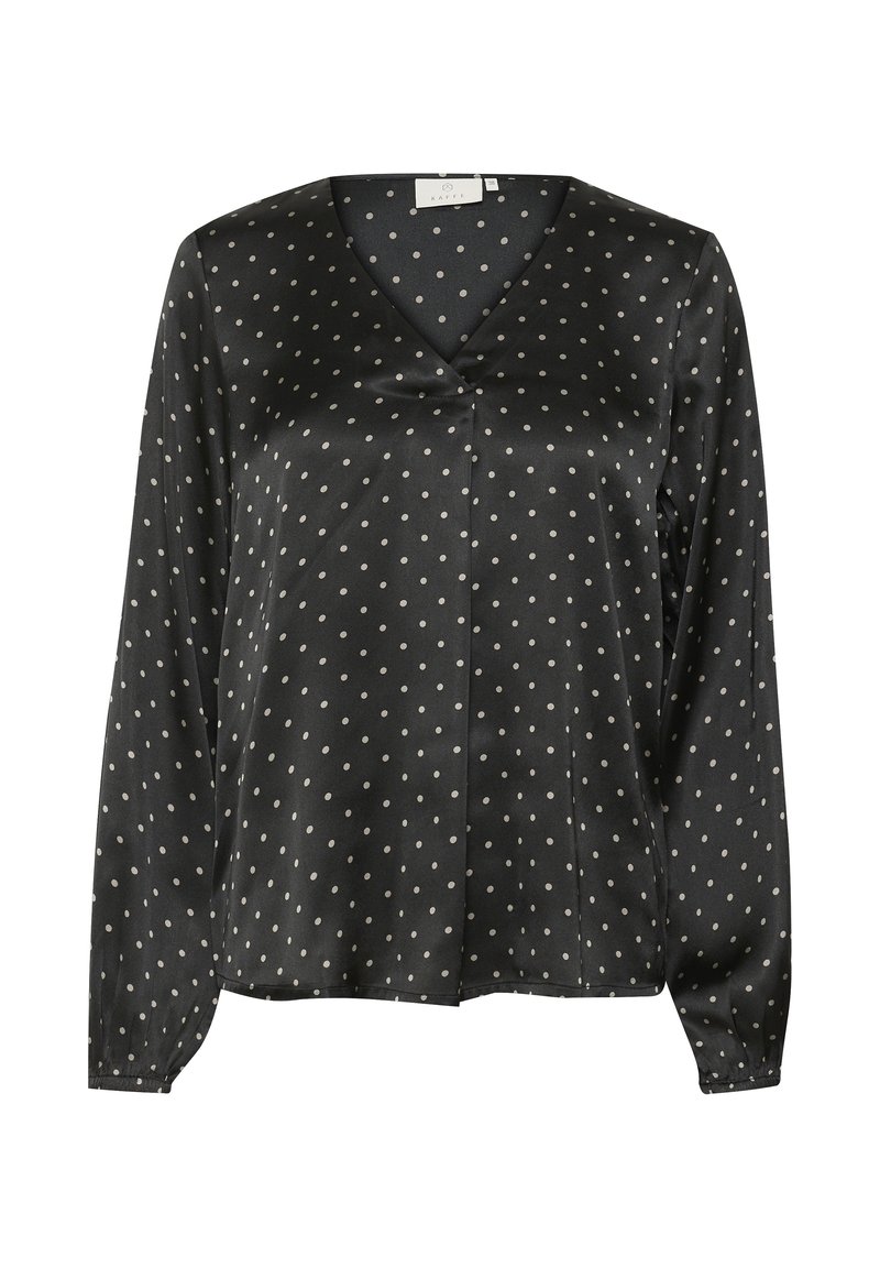 Zwarte satijnen blouse met een V-hals en lange mouwen. Voorzien van witte stippen, een subtiele glans en een comfortabele pasvorm.