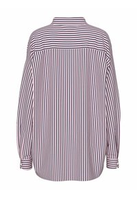 Camicia a righe con linee verticali rosa e navy, colletto, vestibilità morbida e maniche lunghe con polsini bottonati. Tessuto dalla finitura liscia.