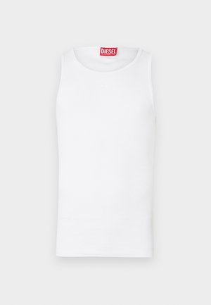 Camisola branca de alças feita de tecido de algodão suave. Apresenta um decote redondo, design sem mangas e um destacado logótipo vermelho da marca Diesel na gola.