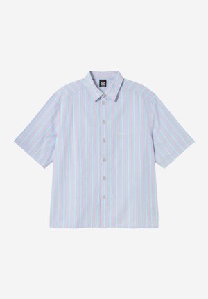Light blue short-sleeve button-up shirt with vertical white and red stripes and a classic collar.