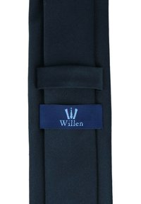 Marineblauer Stoffkrawatte mit glatter Textur, die mit einem blauen "Willen"-Label versehen ist. Das Design zeichnet sich durch eine schmale Form und schlichte Eleganz aus.
