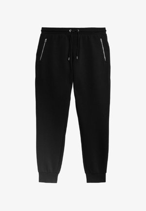 Black jogger pants with adjustable drawstring waist, two side zip pockets, ribbed cuffs, and a soft texture.