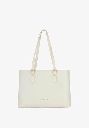 Sac fourre-tout Valentino couleur crème avec double bandoulière et logo doré sur le devant.