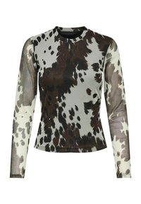 Chemise à manches longues avec un motif de cuir de vachette en marron foncé et beige clair, fabriquée en tissu extensible avec un col rond.
