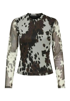 Long-sleeve shirt featuring a cowhide pattern in dark brown and light beige, made of stretchable fabric with a round neckline.