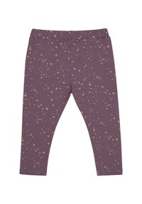 Lila Leggings aus weichem Stoff mit einem verstreuten goldenen Punkte-Muster. Sie haben einen elastischen Bund und ein schmal geschnittenes Design.
