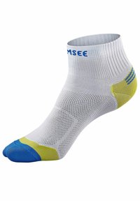 Weißer Knöchelsocke mit blauen Akzenten am Bund und an der Zehe. Verfügt über eine Mesh-Struktur für Atmungsaktivität und ein gelbes Detail an der Ferse.