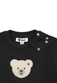 Body lungo blu Navy con texture a coste, caratterizzato da un'applicazione di un orsacchiotto di peluche crema sulla parte anteriore e chiusure a pressione sulla spalla.