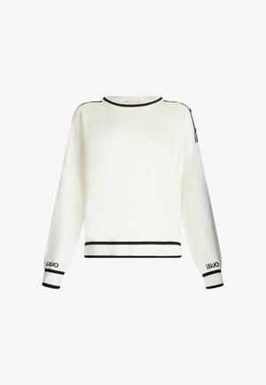 Pull blanc avec col et poignets côtelés noirs. Présente un détail zippé à l'épaule et un logo sur la manche. Tissu doux, design cropped.