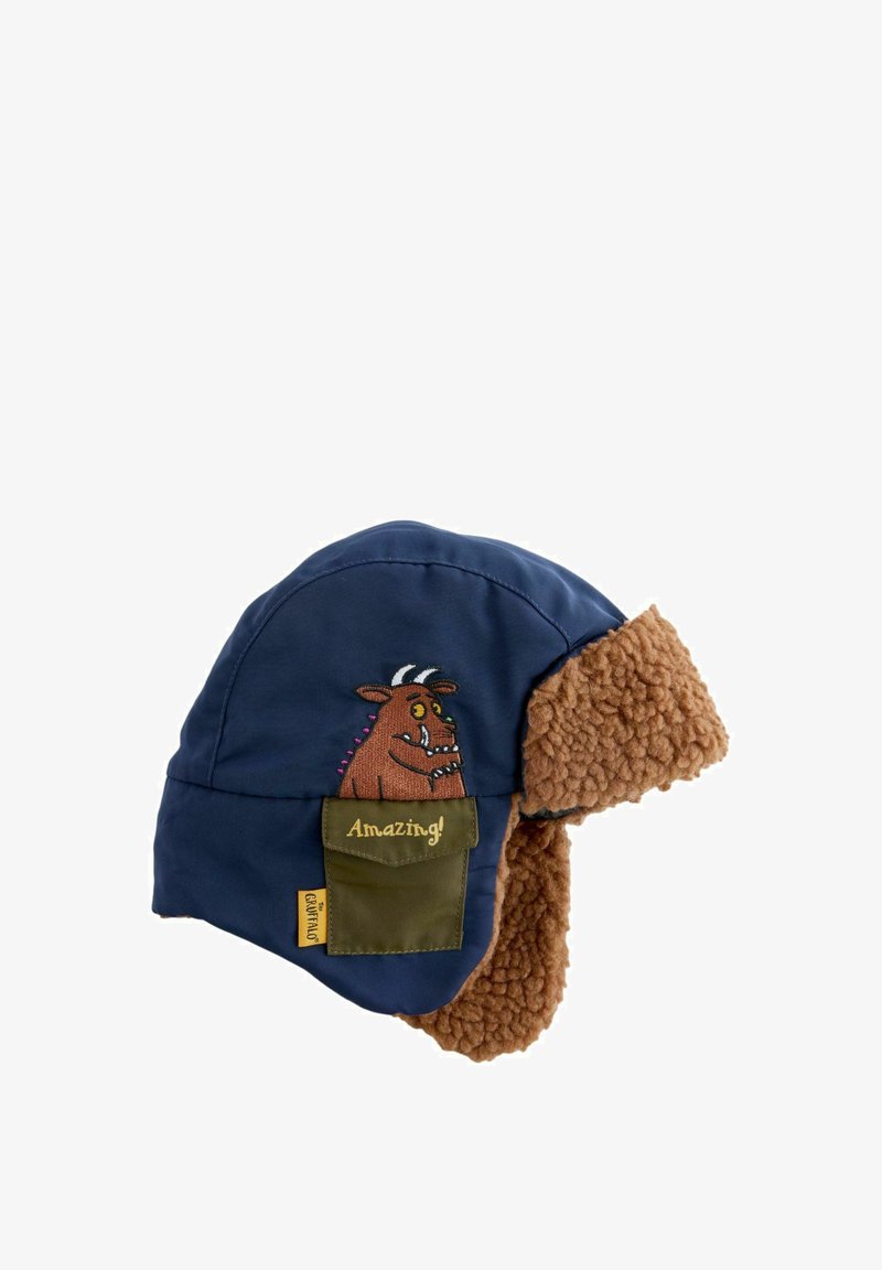 Bonnet d'hiver bleu marine avec doublure polaire marron, une poche verte étiquetée "Amazing!" et un personnage Gruffalo marron brodé.