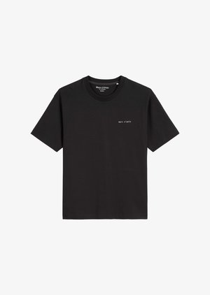 Black short-sleeve t-shirt made of cotton. Features a crew neck with a small white logo printed on the left chest. Simple design.
