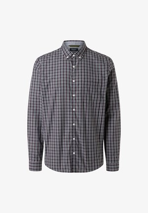 Hemd mit Knopfleiste und dunklem Karomuster in Marineblau, Burgunderrot und Weiß. Verfügt über einen Kragen, lange Ärmel und eine einzelne Brusttasche.