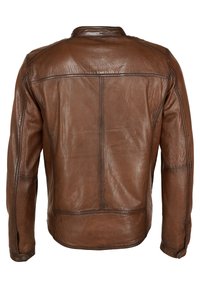 Bruine leren jacket met een gladde textuur, eenvoudige stiksels, een eenvoudig ontwerp en een iets verlengd achterpand met drukknopenaccenten op de mouwen.