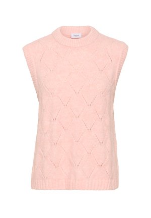 Měkká růžová pletená bezrukávová vesta se vzorem diamantů a žebrovaným kulatým výstřihem a lemem.