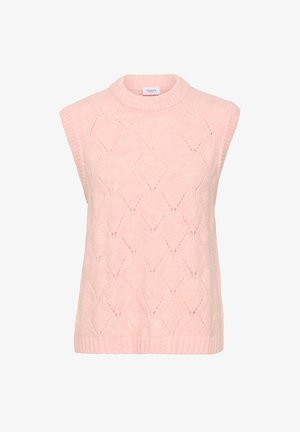 Zachtroze gebreid mouwloos spencer met ruitpatroon en geribde ronde hals en zoom.