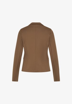 Rjav tailored blazer s ovratnikom, dolgimi rokavi in prilegajočo se obliko. Gladek material z nežnim sijajem in brez vidnih okrasnih elementov.