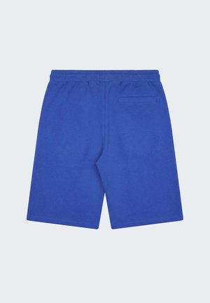 Pantalones cortos casuales azules con cintura elástica y un solo bolsillo trasero ribeteado, colocados planos sobre un fondo claro.