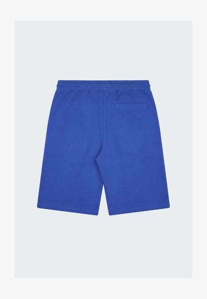 Pantalones cortos casuales azules con cintura elástica y un solo bolsillo trasero ribeteado, colocados planos sobre un fondo claro.