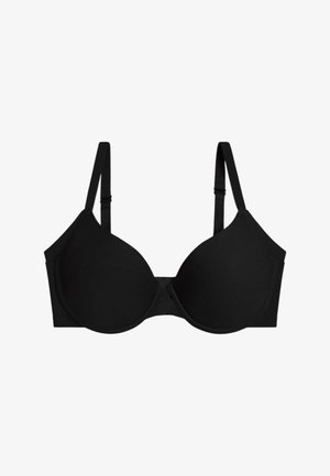 Sujetador negro con copas lisas, tirantes ajustables y cierre de gancho. Hecho de un material suave y sólido sin patrones ni adornos visibles.