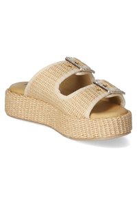 Woven beige platform sandals with two large buckles and open design. Textured straw-like material, cushioned insole, and raised base.