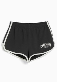 Svarta träningsshorts med vit sidokant, elastisk midja och tryckt "Cape Town"-design. Tillverkade av mjukt, lätt tyg.