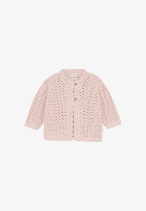 Jasnoróżowy, dziergany kardigan z falbaniastym wykończeniem, z zapięciem na guziki i długimi rękawami, wyróżniający się otwartym splotem.