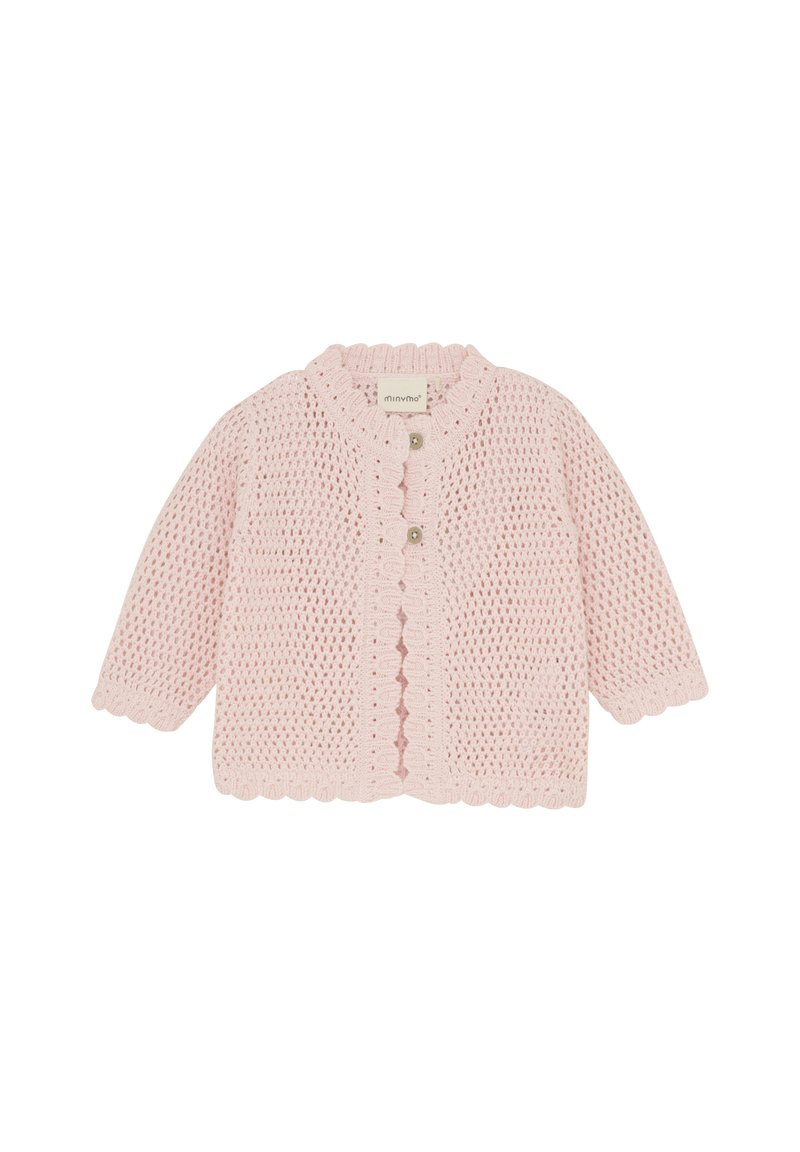 Ljust rosa stickad cardigan med en scallopkant, knäppning och långa ärmar med en öppen vävstruktur.