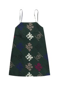 Vihreä hihaton mekko, jossa on kukkakuosi purppuran, vaaleanpunaisen ja beige värisävyin; siinä on teksturoitu kangas ja suora leikkaus.