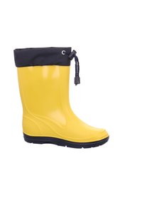 Gele rubberen regenlaars met een zwarte stofrand en aantrekkoord. Glad oppervlak, ronde neus en een zwarte rubberen zool met ribbels.