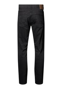 Jeans negri din denimul cu tăietură dreaptă. Caracteristicile includ o etichetă din piele la talie, două buzunare laterale și cusături simple.