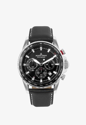 Chronograph-Uhr mit schwarzem Zifferblatt, Gehäuse aus silberfarbenem Edelstahl und schwarzem Lederarmband. Verfügt über drei Unterzifferblätter und einen Tachymeter.