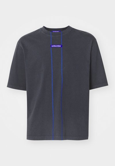 Short-sleeve, oversized t-shirt in dark gray cotton. Features a purple logo and contrasting blue stitching details on the front.