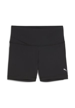 Shorts de sport noirs en tissu élastique, dotés d'une large ceinture et de coutures plates, avec un petit logo argenté sur le bas à gauche.