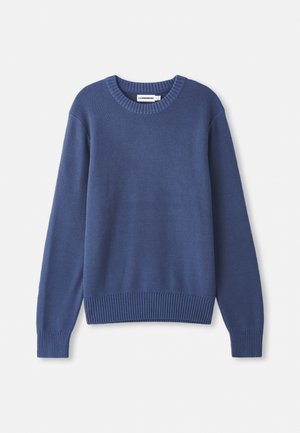 Navy blue knitted sweater with a round neckline and ribbed cuffs and hem. Features a textured fabric with a loose fit.