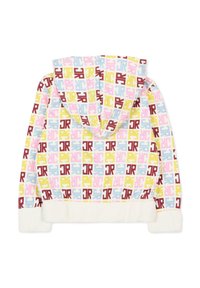 Sweat-shirt à capuche avec un motif multicolore de lettres en blocs rose, jaune, bleu et bordeaux sur un tissu doux et texturé.