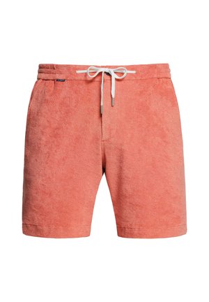Shorts de bain en tissu éponge corail avec ceinture à cordon blanc et poches latérales, conçus pour un usage décontracté ou à la plage.