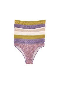 Collection de sous-vêtements pour femmes dans différentes couleurs : vert, violet, crème ; comprend des motifs unis et floraux avec des ceintures texturées.