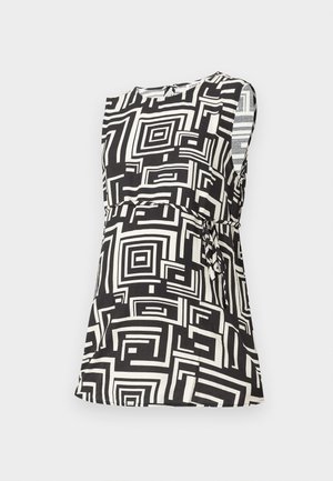Sleeveless top in black and white geometric pattern, made of lightweight fabric, featuring a tied detail at the waist and a round neckline.