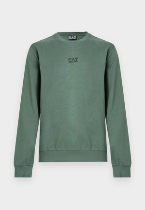 Grønn genser med lange ermer, rund hals, ribbestrikkede mansjetter og kant, og en liten svart EA7-logo på forsiden. Myk stofftekstur.