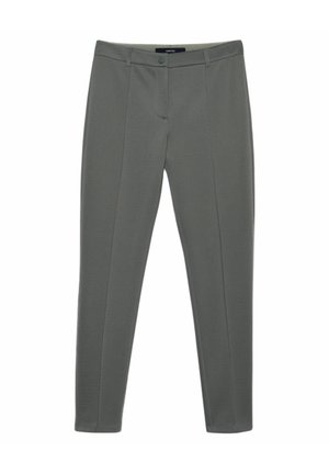 Pantalones de vestir ajustados de color gris oscuro con detalle de costura frontal, trabillas para cinturón y cierre frontal con botón.